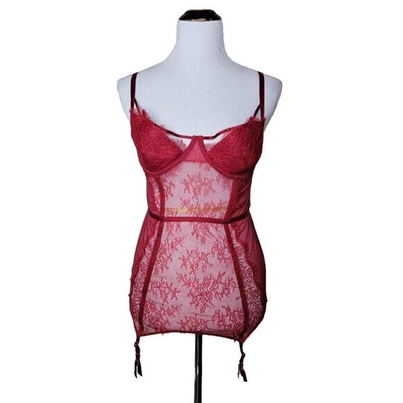 Victorias Secret Lace Sheer Underwire Corset Top With Garter Tabs 36D - Picture 15 of 15